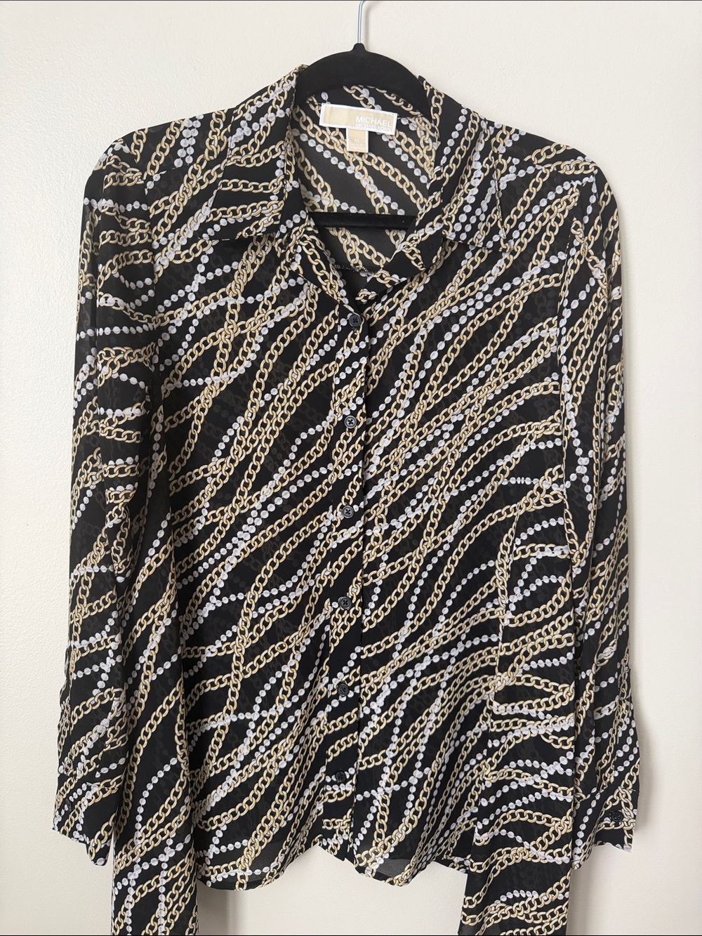 Michael Kors Black Gold Chain Print Button-Up Blouse